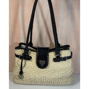 VINTAGE BRIGHTON Natural Woven Jute Black Croc Embossed Leather Shoulder Tote